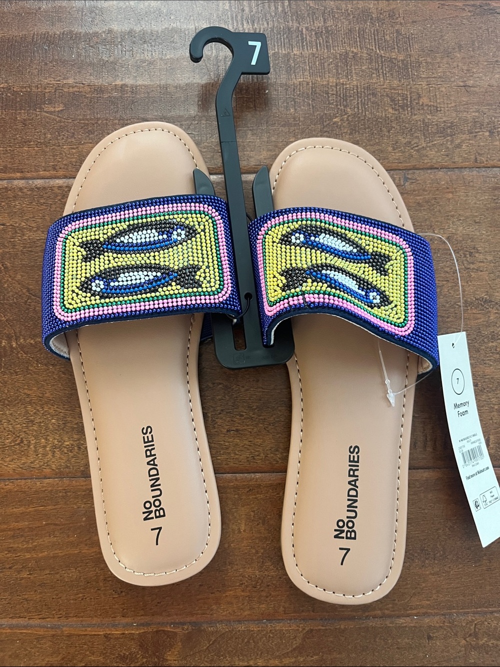 No Boundaries Women's Navy Beaded Slide Sandals with Pink and Yellow Accents